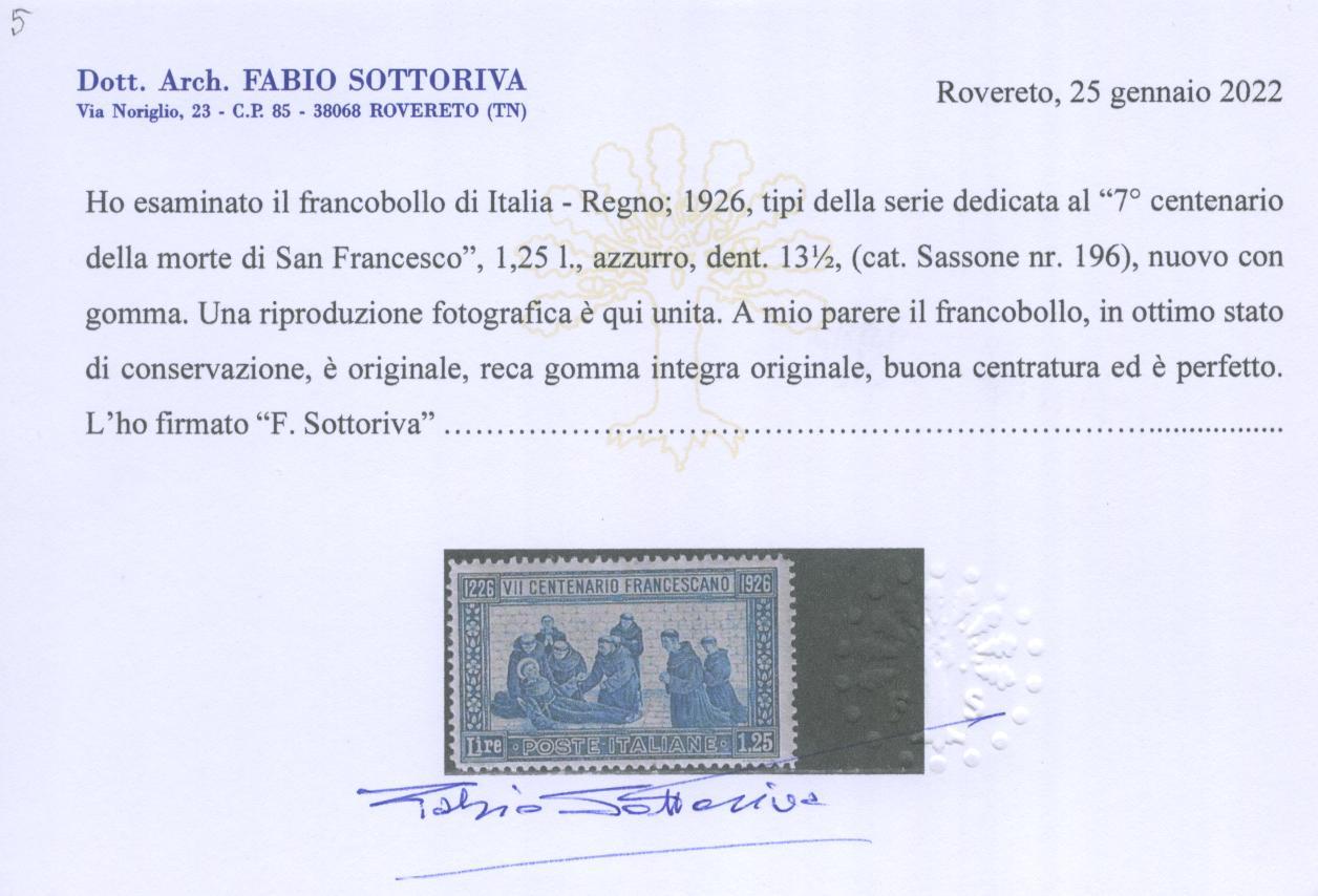 Scansione lotto: REGNO 1926 S. FRANCESCO RARO 6 ** CENTRATO CERT.