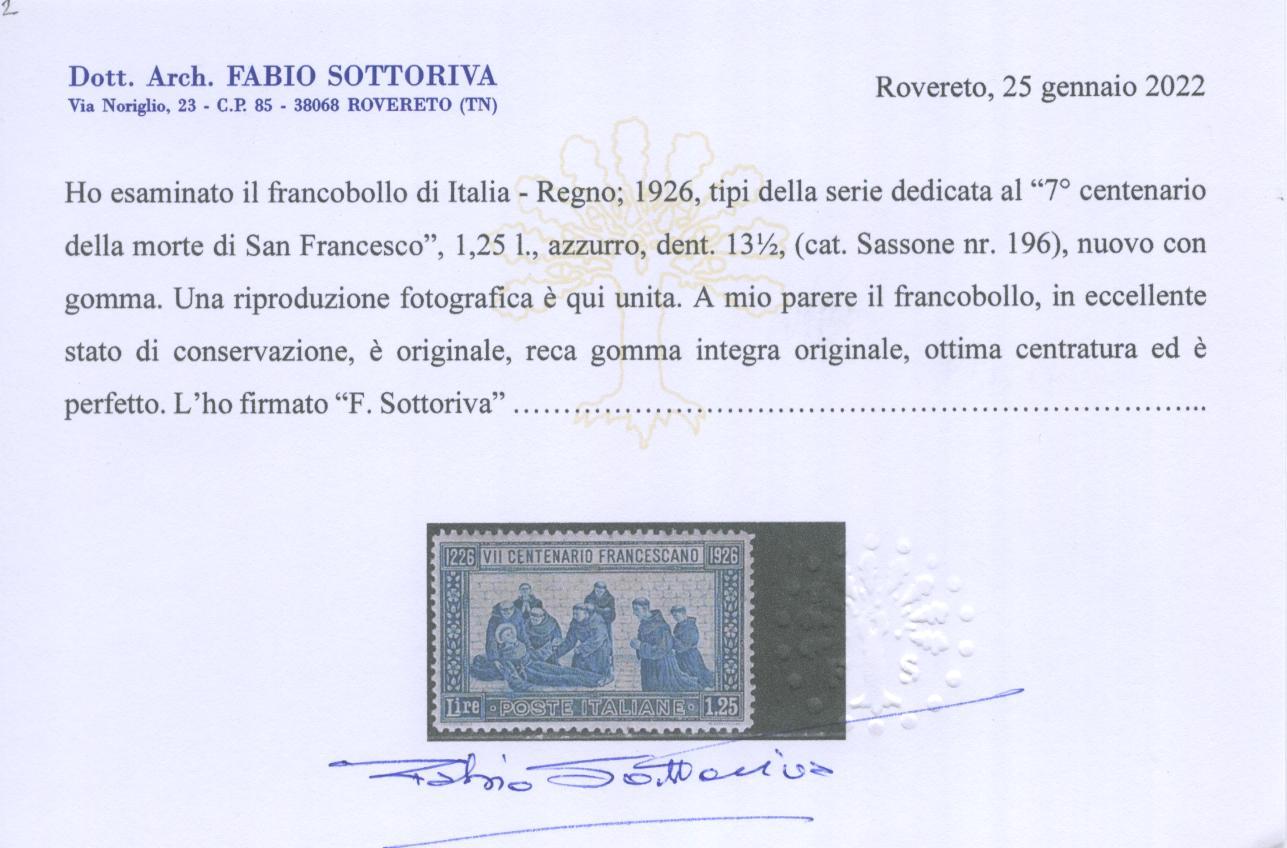 Scansione lotto: REGNO 1926 S. FRANCESCO RARO 2 ** LUSSO CERT.