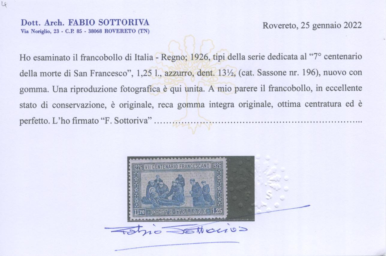 Scansione lotto: REGNO 1926 S. FRANCESCO RARO 3 ** LUSSO CERT.