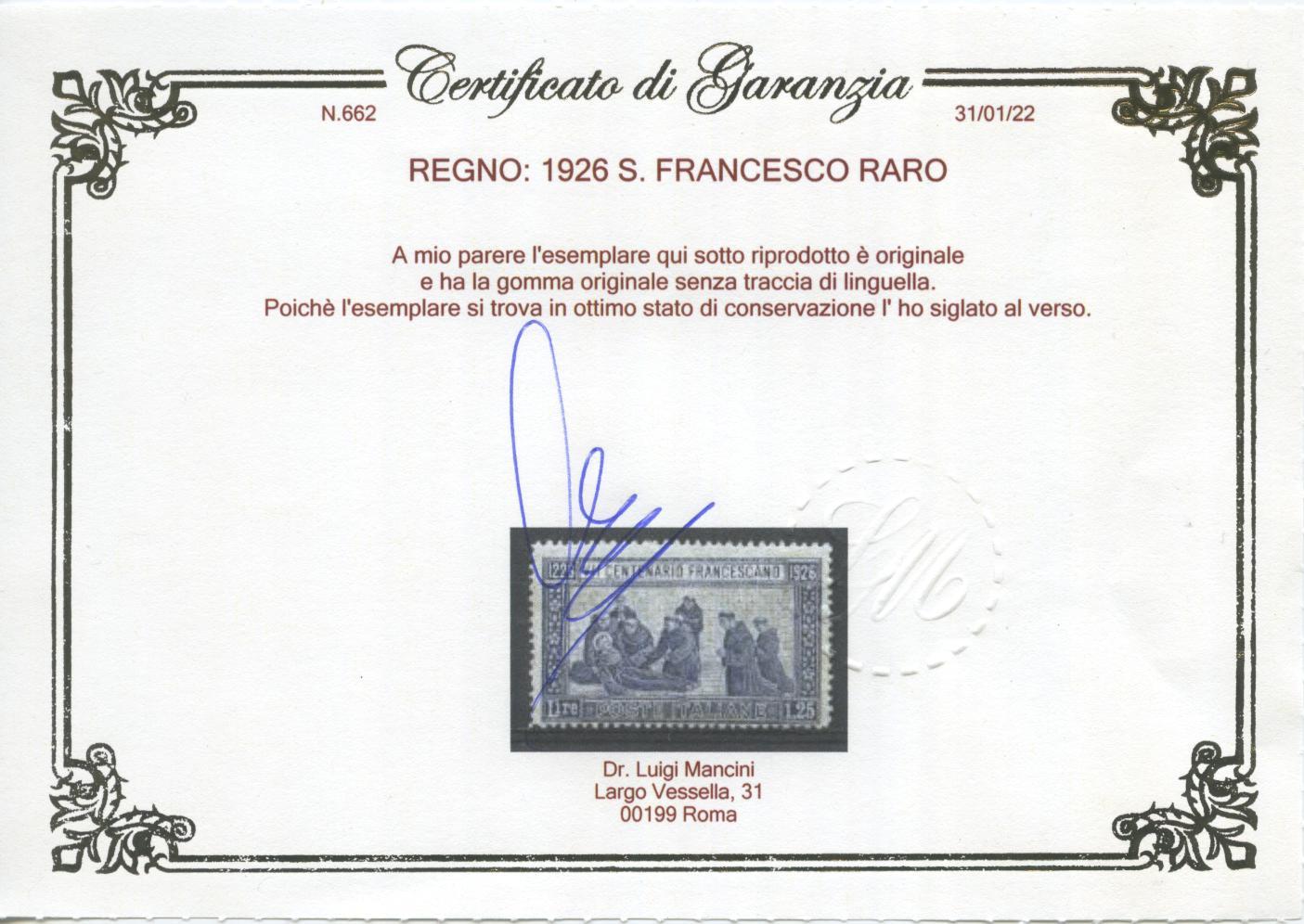 Scansione lotto: REGNO 1926 S. FRANCESCO RARO 5 ** CENTRATO CERT.