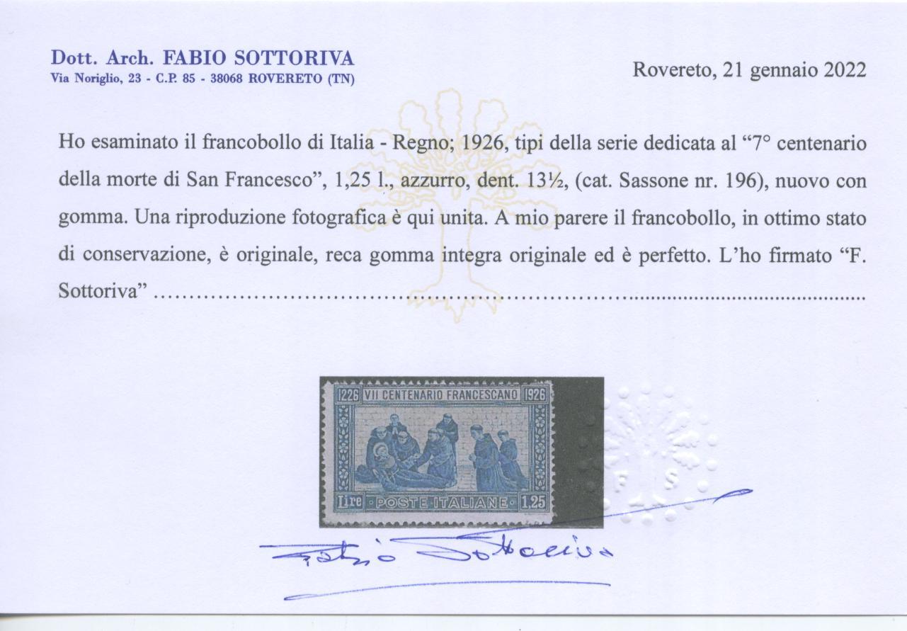 Scansione lotto: REGNO 1926 S. FRANCESCO RARO **  CERT.