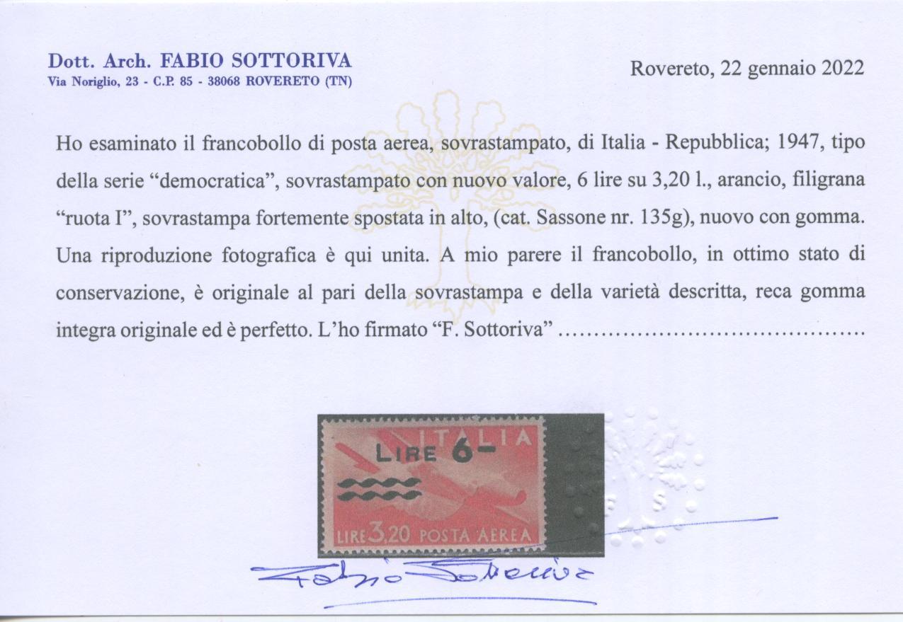 Scansione lotto: REPUBBLICA 1947 L.6 SU L.3,20 SPOSTATO **  CERT.