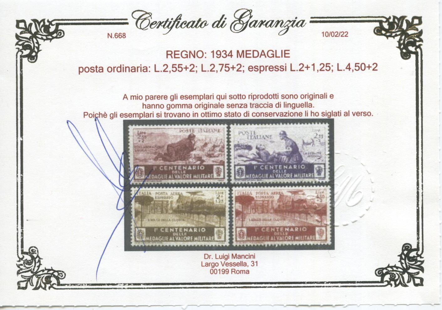 Scansione lotto: REGNO 1934 MEDAGLIE 20V. ** LUSSO CERT.