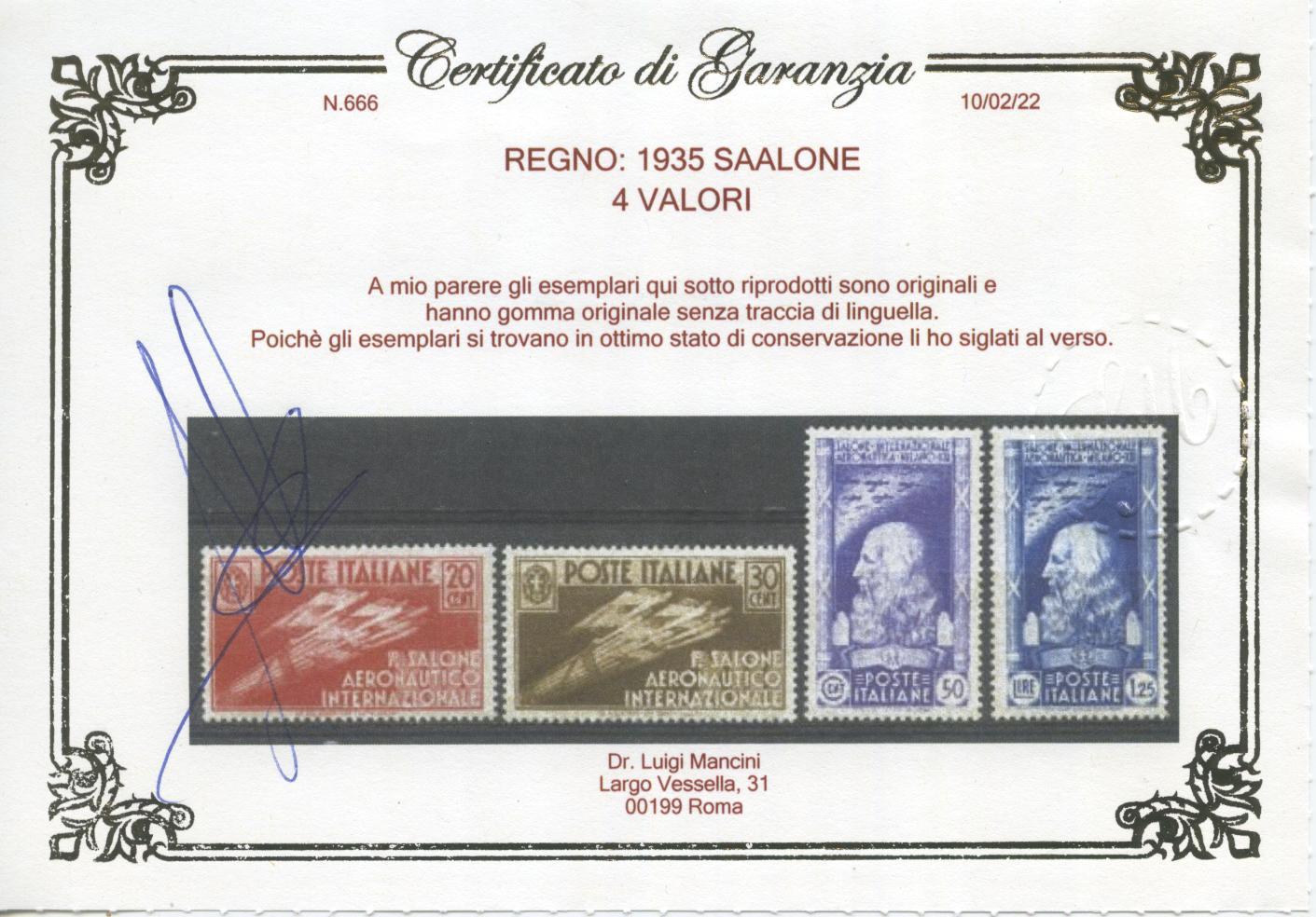 Scansione lotto: REGNO 1935 SALONE 4V. 8 ** CENTRATO CERT.