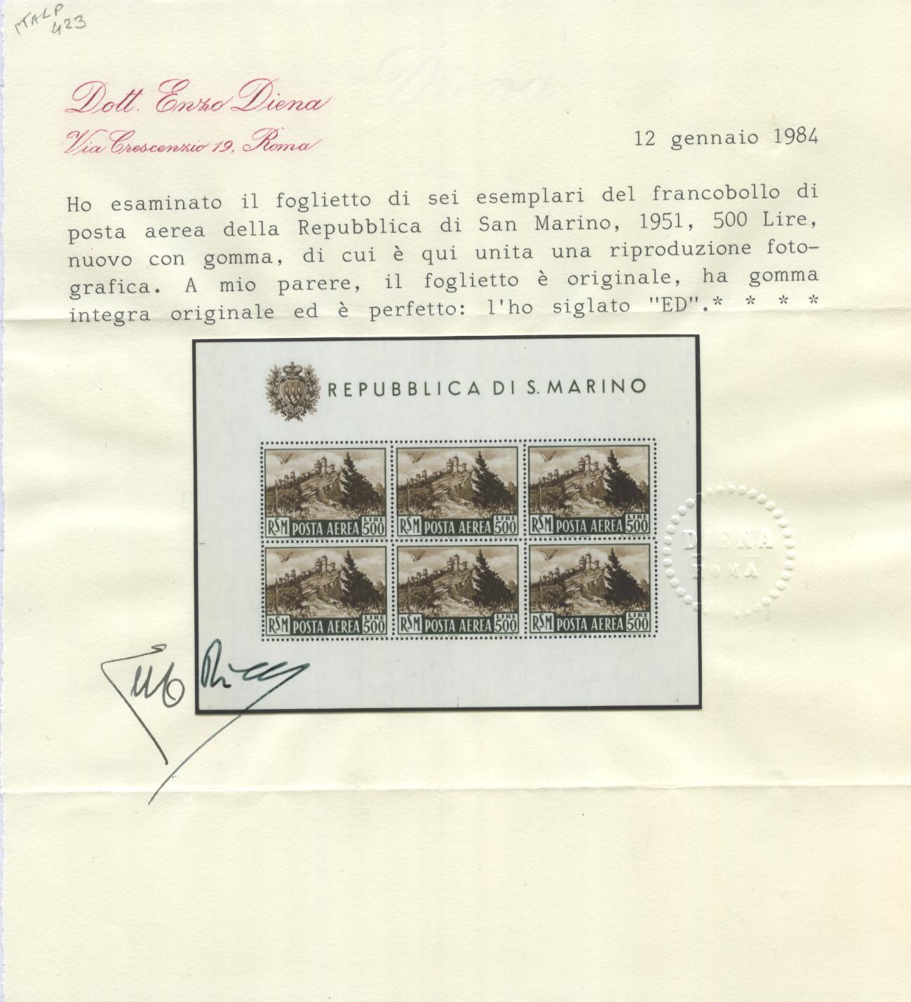 Scansione lotto: SAN MARINO 1951 B.F. L.500 BRUNO ** LUSSO CERT.