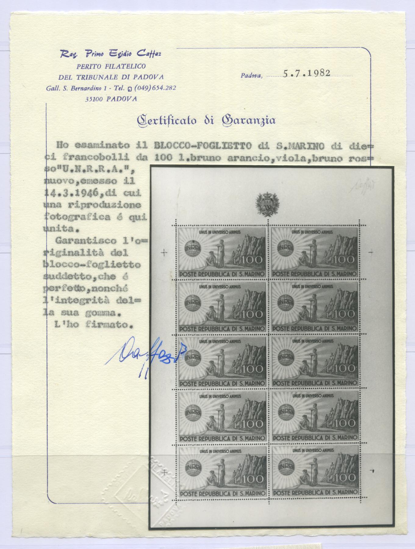 Scansione lotto: SAN MARINO 1946 B.F. UNRRA ** LUSSO CERT.