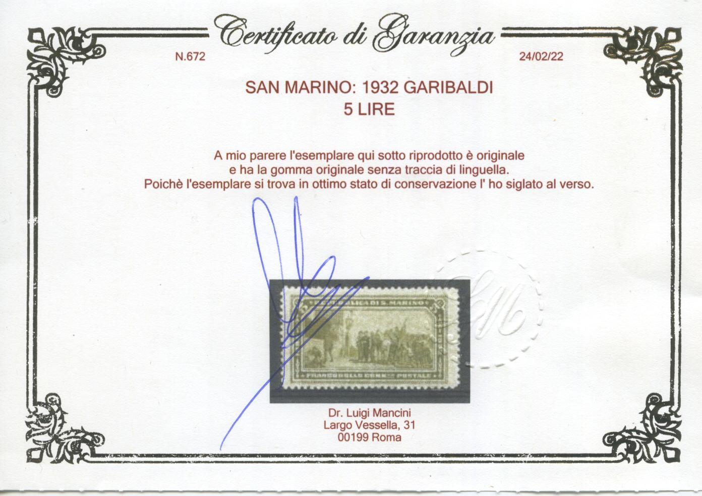 Scansione lotto: SAN MARINO 1932 GARIBALDI 8V. 2 ** LUSSO CERT.