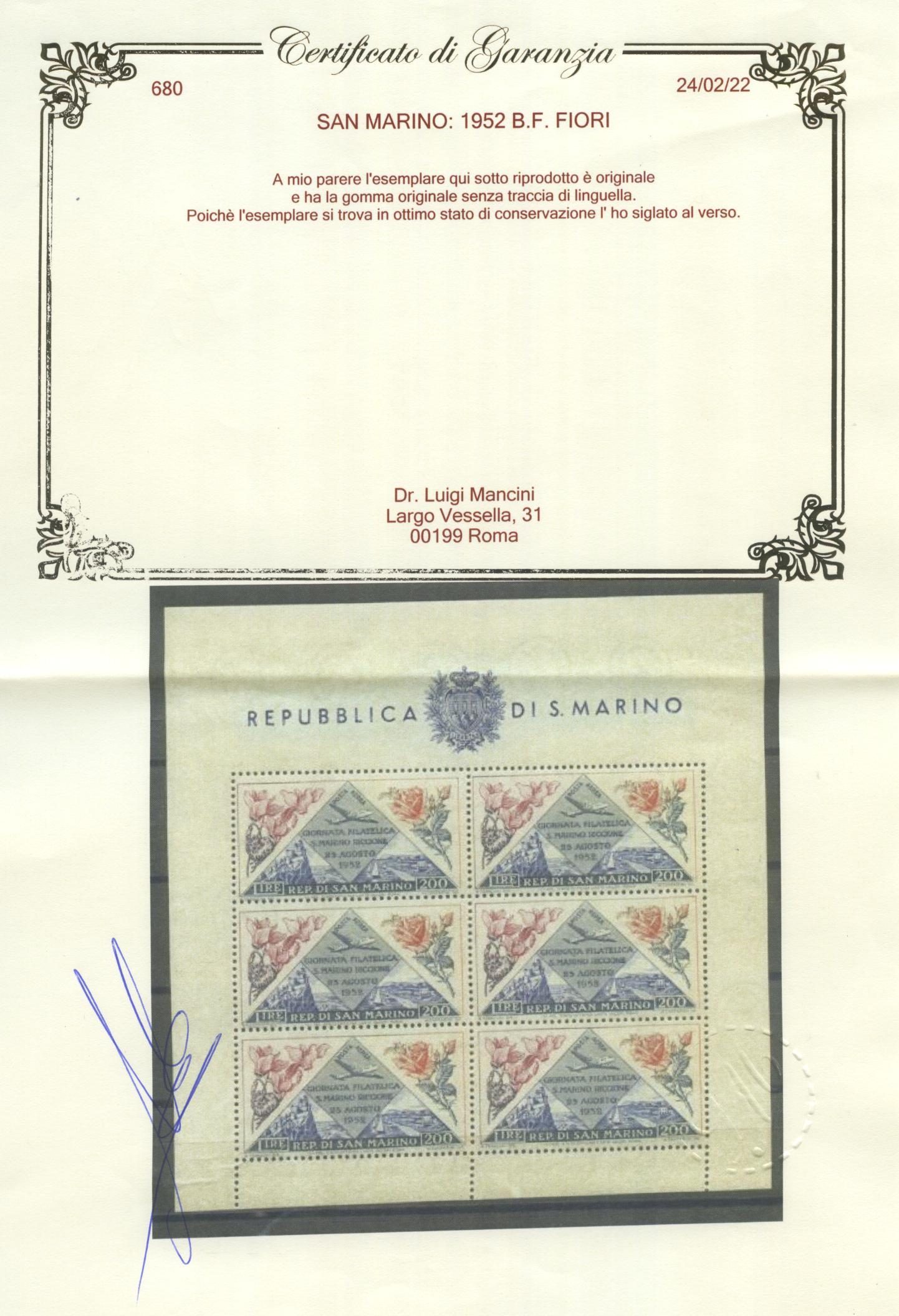 Scansione lotto: SAN MARINO 1952 B.F. FIORI ** LUSSO CERT.