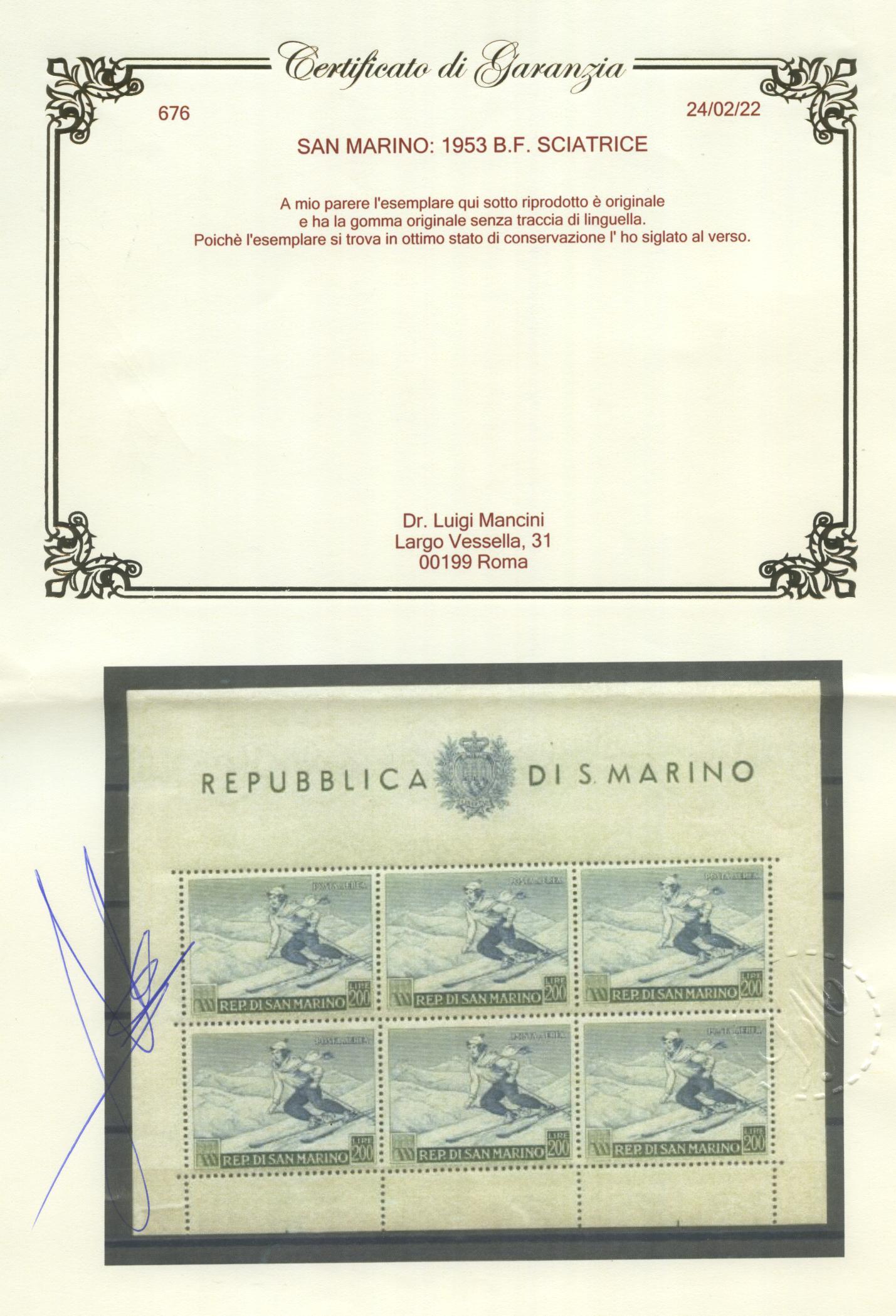 Scansione lotto: SAN MARINO 1953 B.F. SCIATRICE 2 ** LUSSO CERT.