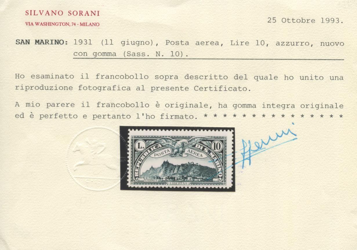 Scansione lotto: SAN MARINO 1931 VEDUTE P.A. 10V. 2 ** CENTRATO CERT.