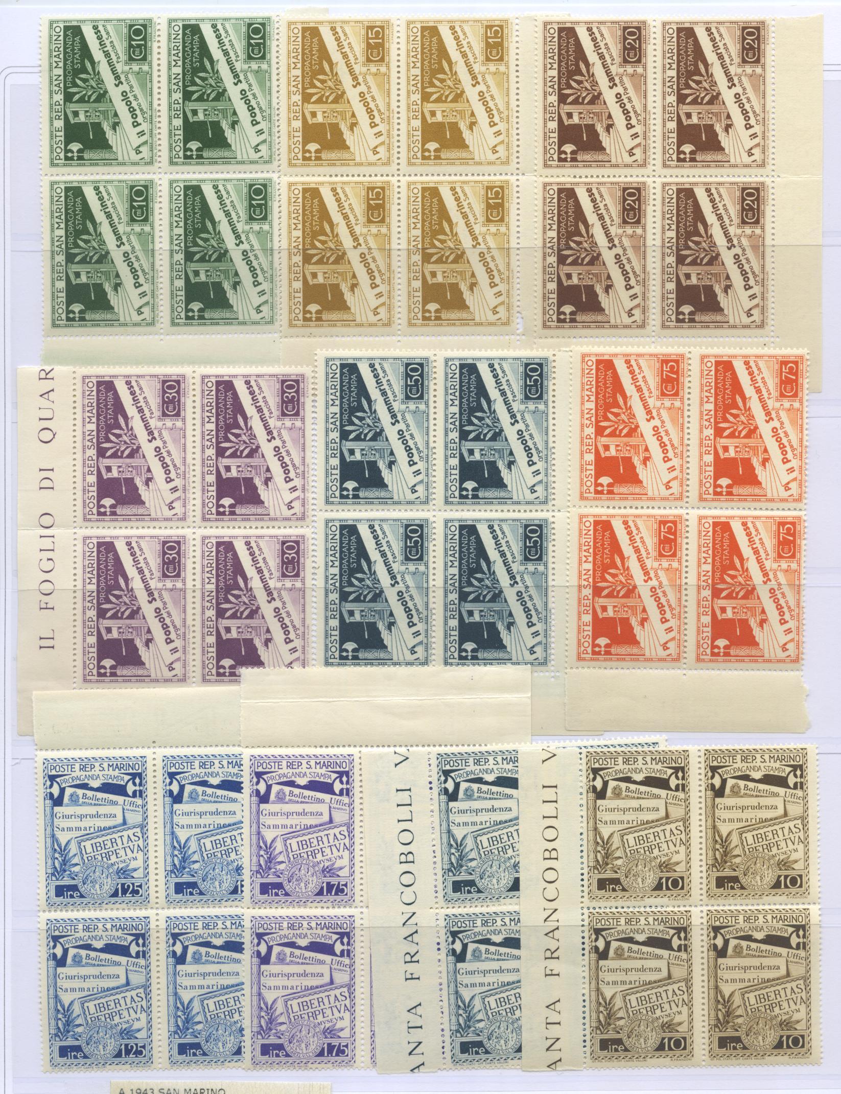 Scansione lotto: SAN MARINO 1943 STAMPA 10V. X4 ** LUSSO