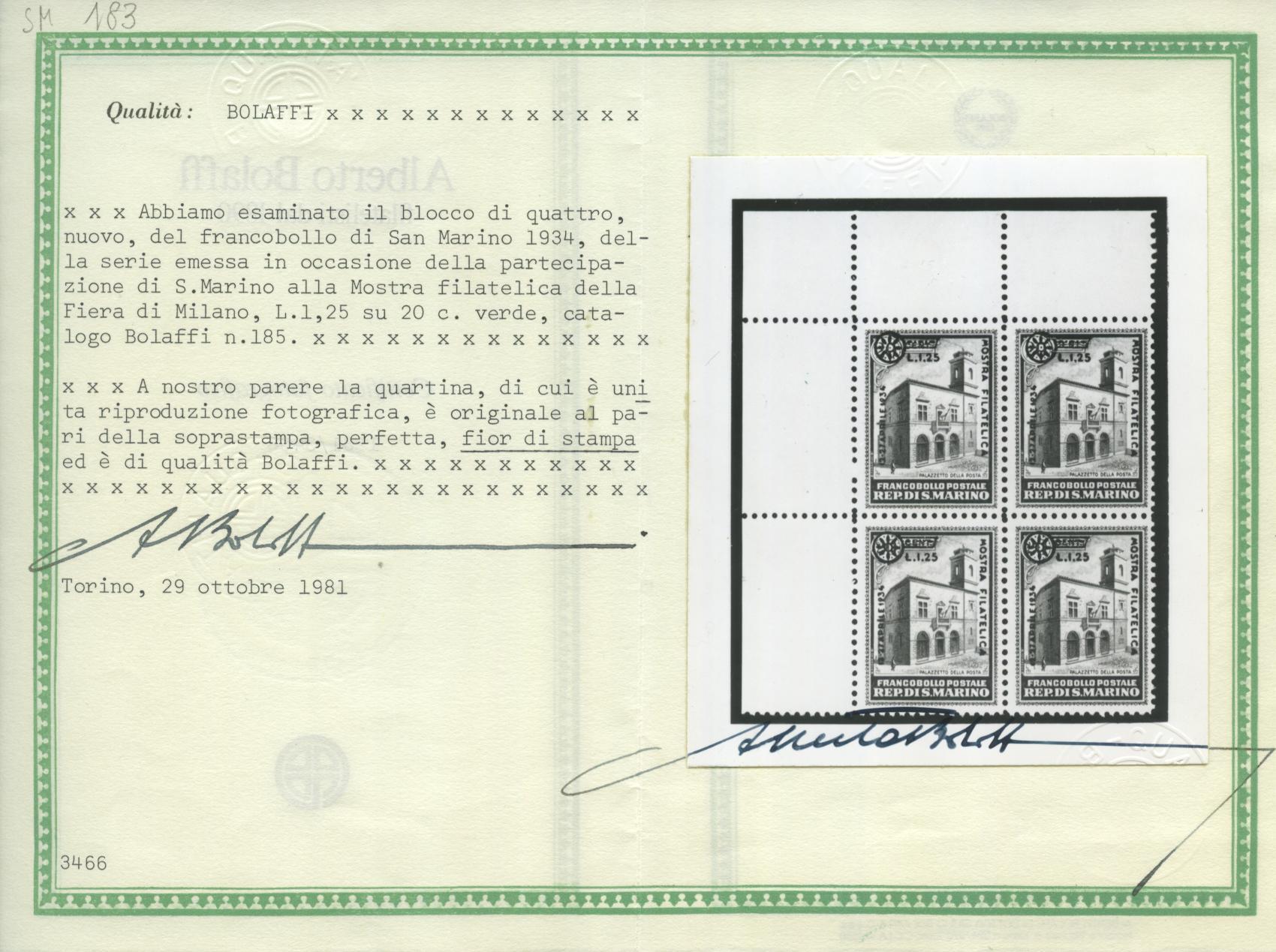 Scansione lotto: SAN MARINO 1934 FIERA DI MILANO 4V. X4 ** LUSSO