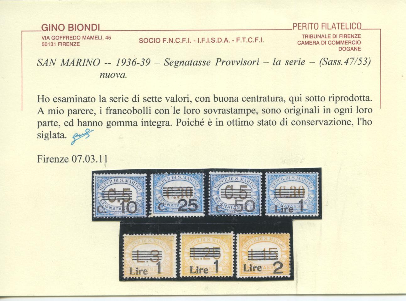 Scansione lotto: SAN MARINO 1936/9 TASSE SOVR. 7V. ** CENTRATO CERT.