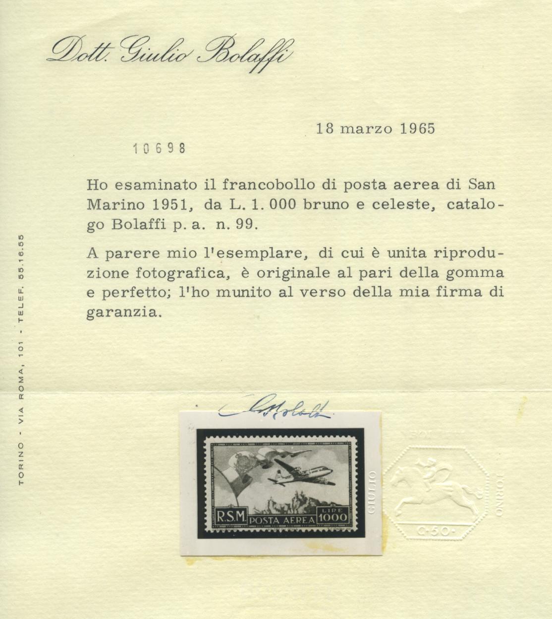 Scansione lotto: SAN MARINO 1951 POSTA AEREA L.1000 ** LUSSO CERT.