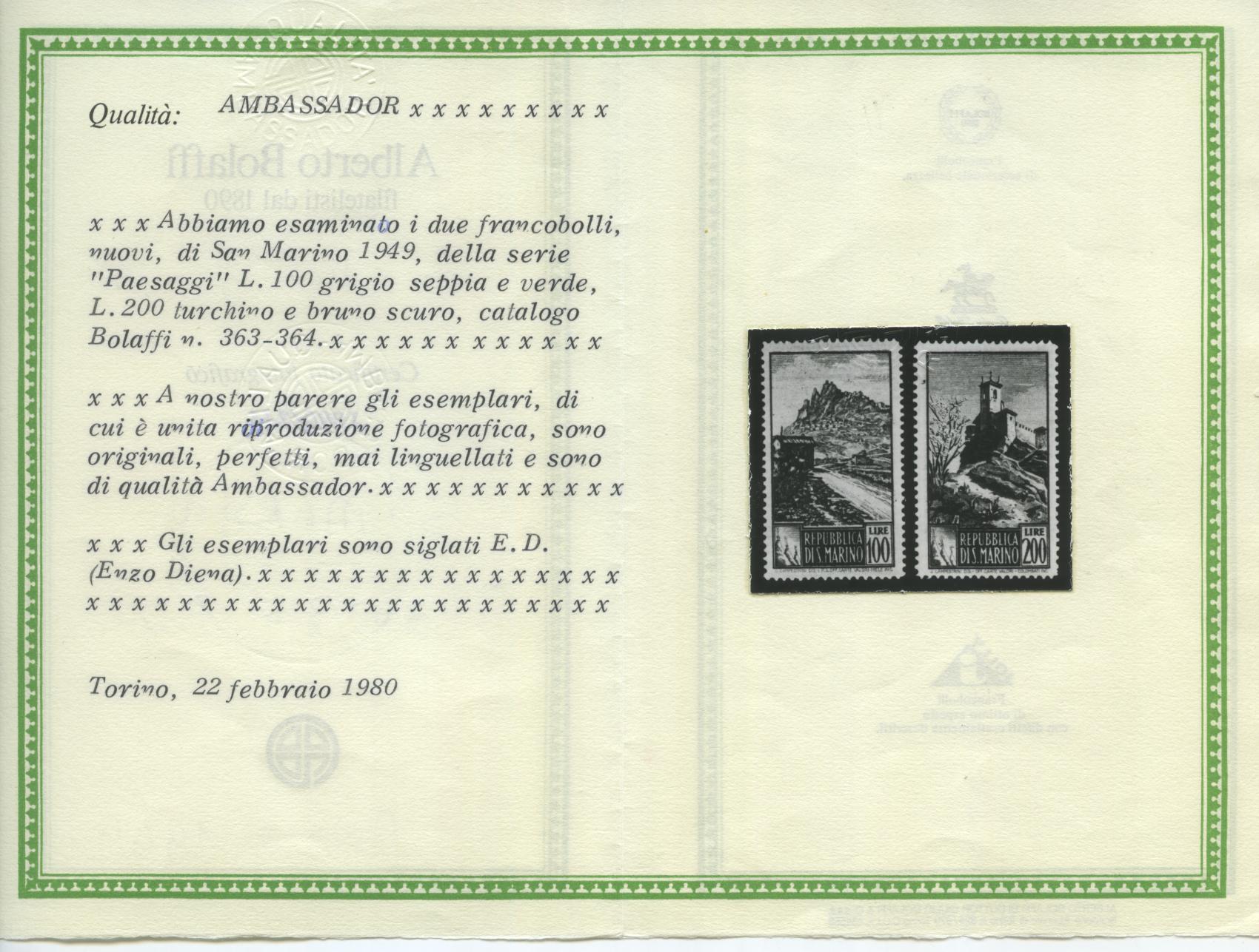 Scansione lotto: SAN MARINO 1949 PAESAGGI 16V. 6 ** LUSSO CERT.