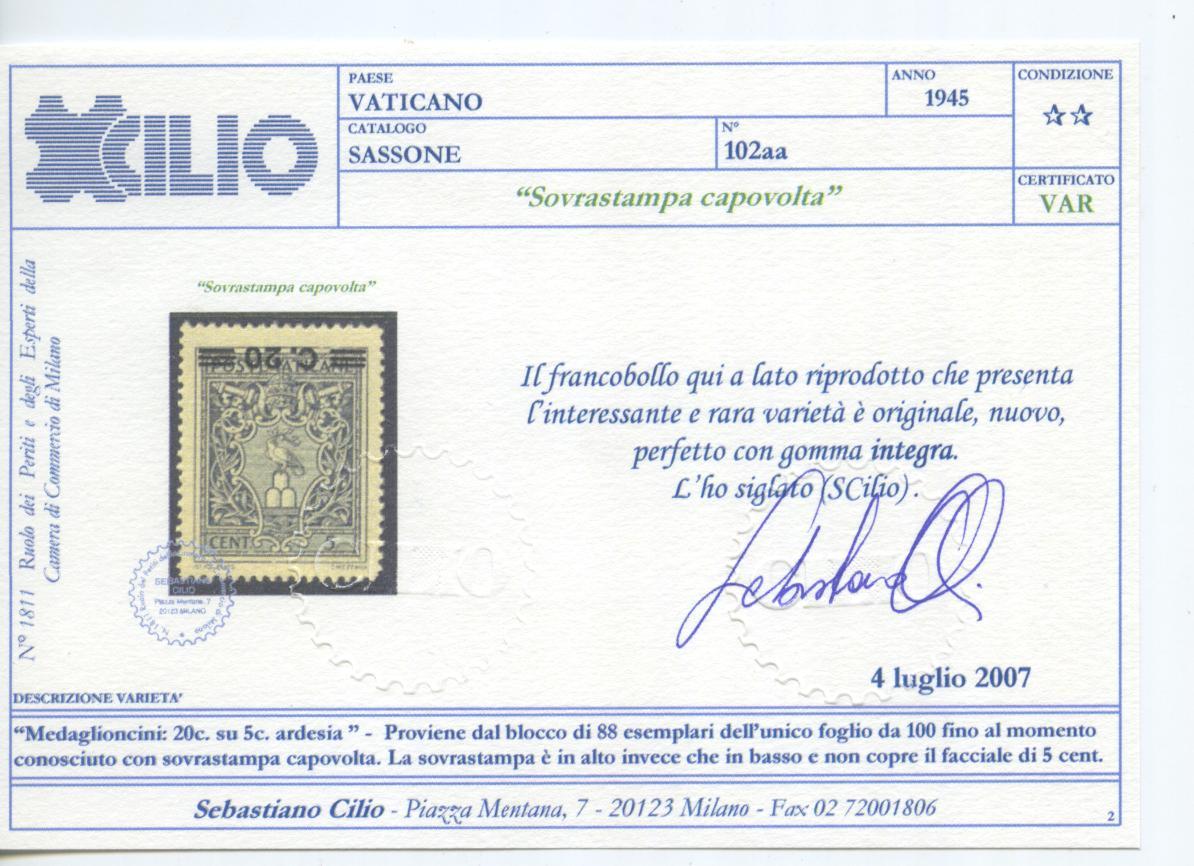 Scansione lotto: VATICANO 1945 20C. SU 5C. CAPOVOLTO **  CERT.