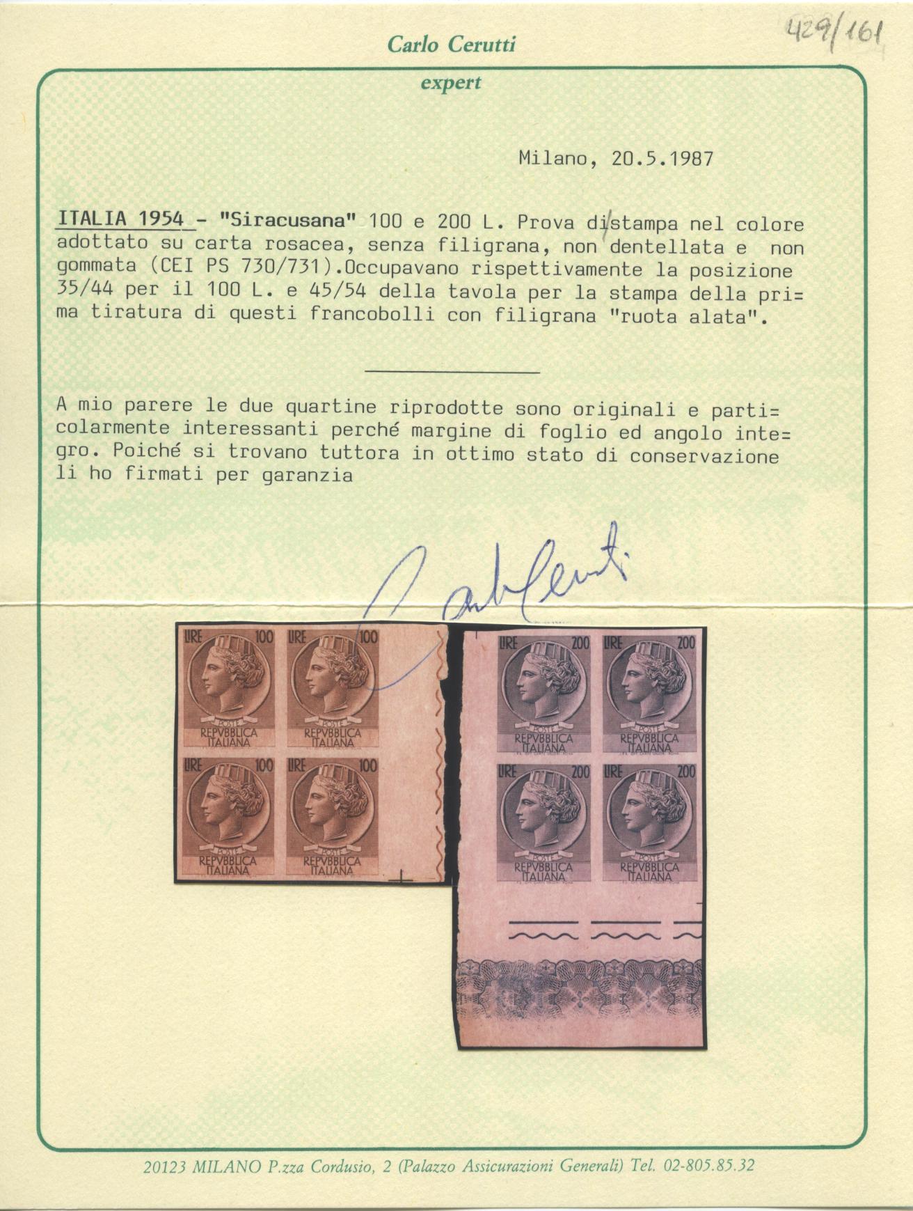 Scansione lotto: REPUBBLICA 1954 SIRACUSANA 2V. X4 VARIETA' SG  CERT.