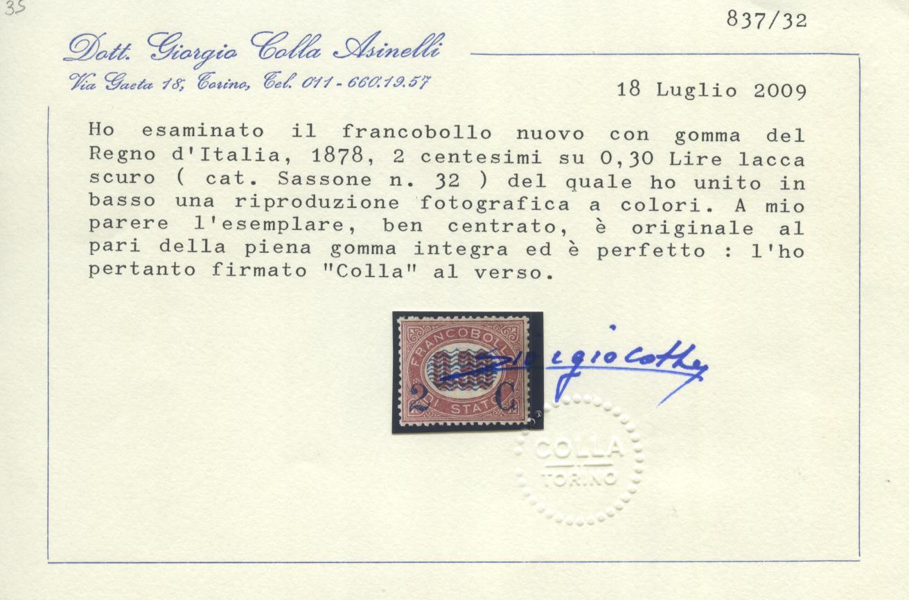 Scansione lotto: REGNO 1878 2C. SU 0,30 2 ** CENTRATO CERT.