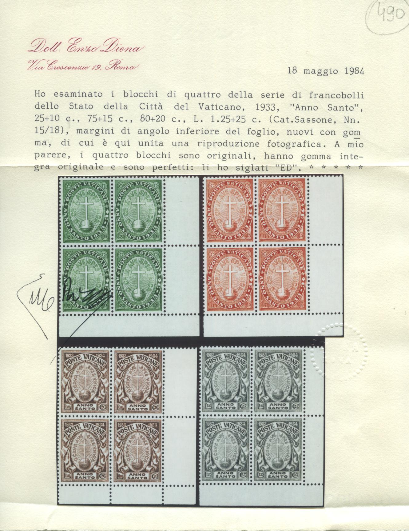 Scansione lotto: VATICANO 1933 ANNO SANTO 4V. X4 ** LUSSO CERT.