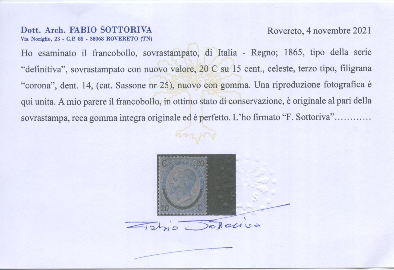 Scansione lotto: REGNO 1865 20C. SU 15C. III TIPO 2 ** CENTRATO CERT.