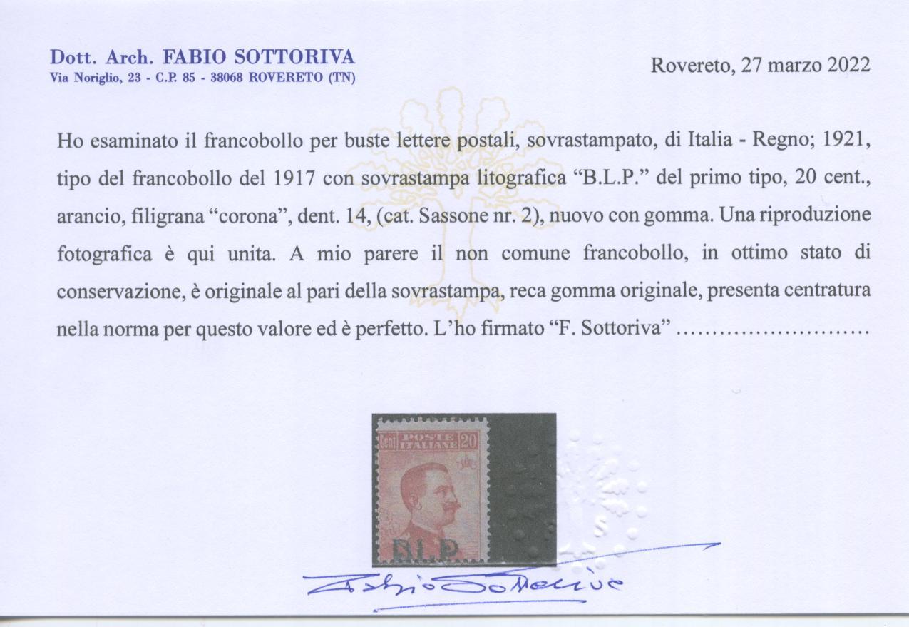 Scansione lotto: REGNO 1921 BLP 20C. I TIPO 2 *  CERT.