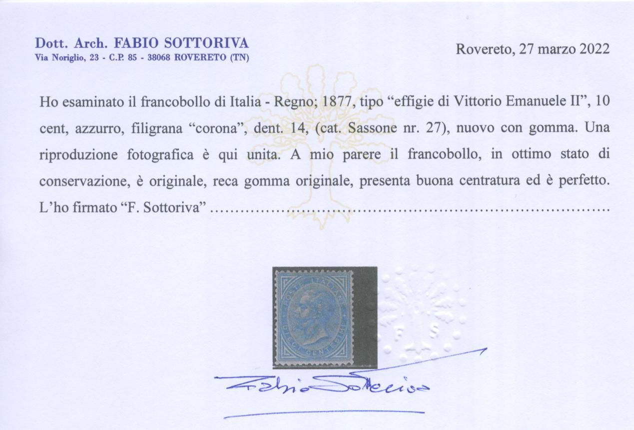 Scansione lotto: REGNO 1877 10C. AZZURRO 2 ** CENTRATO CERT.