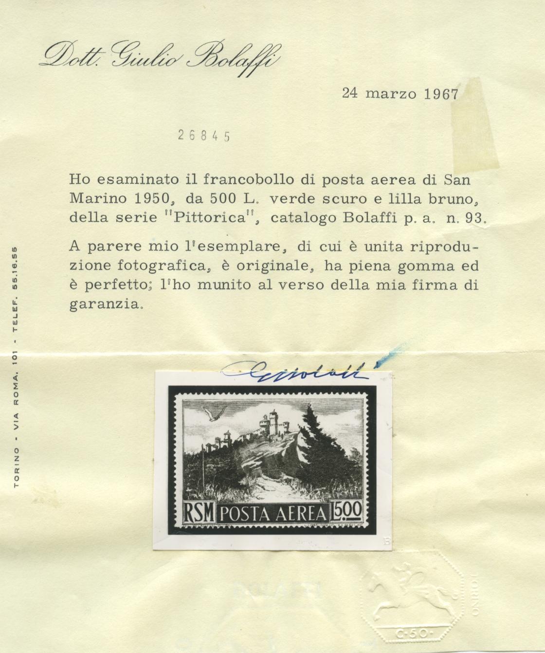 Scansione lotto: SAN MARINO 1950 POSTA AEREA 9V. 8 ** LUSSO CERT.