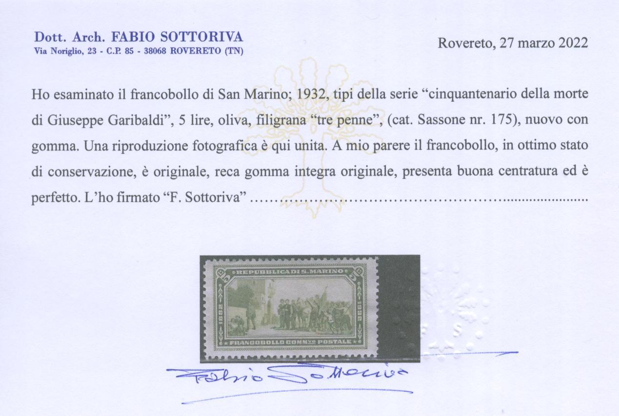 Scansione lotto: SAN MARINO 1932 GARIBALDI 8V. 3 ** CENTRATO CERT.