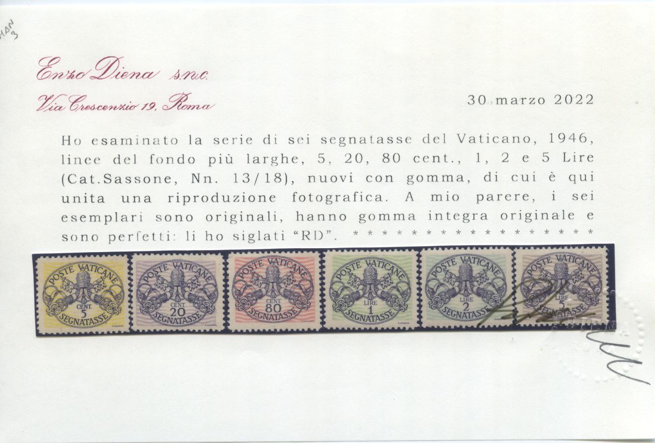 Scansione lotto: VATICANO 1946 TASSE CARTA BIANCA 6V. ** LUSSO CERT.