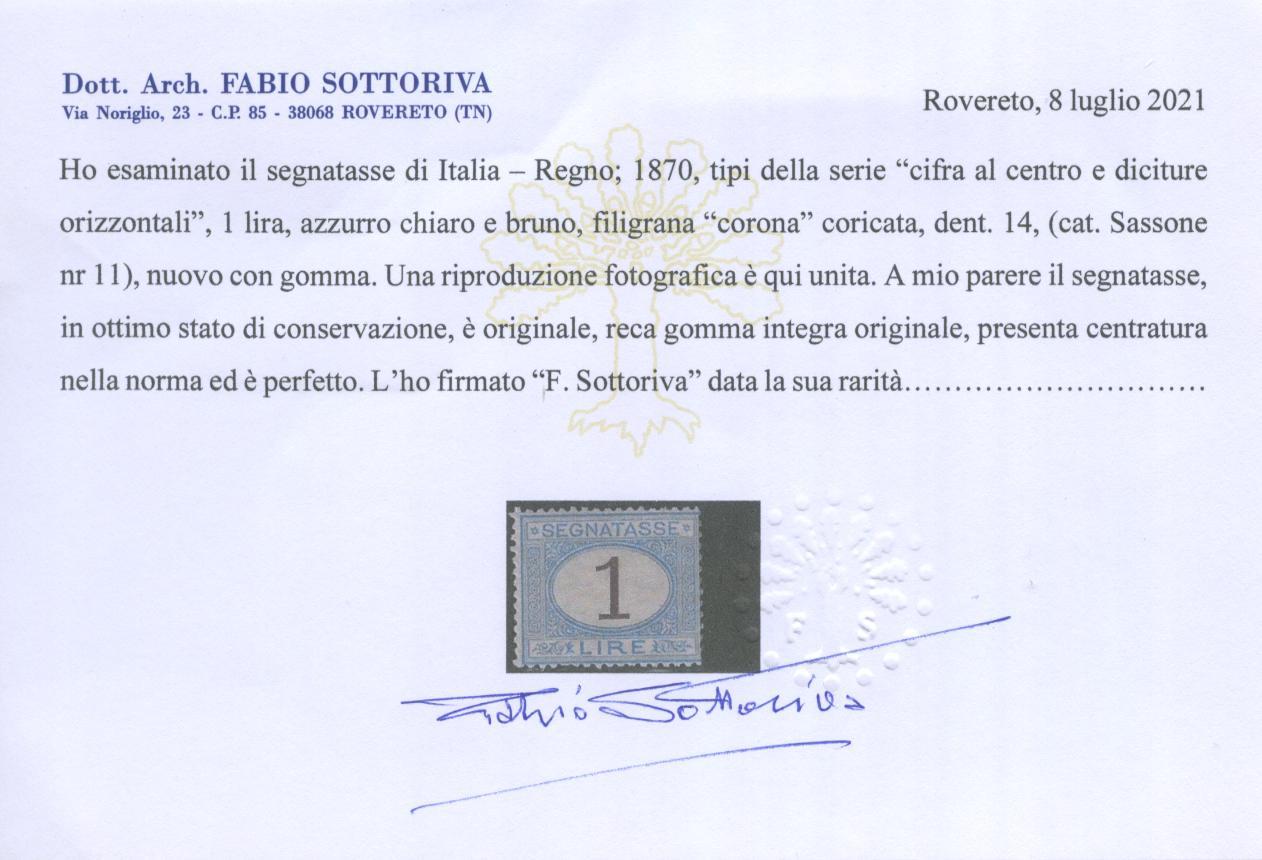 Scansione lotto: REGNO 1870 TASSE L.1 4 **  CERT.