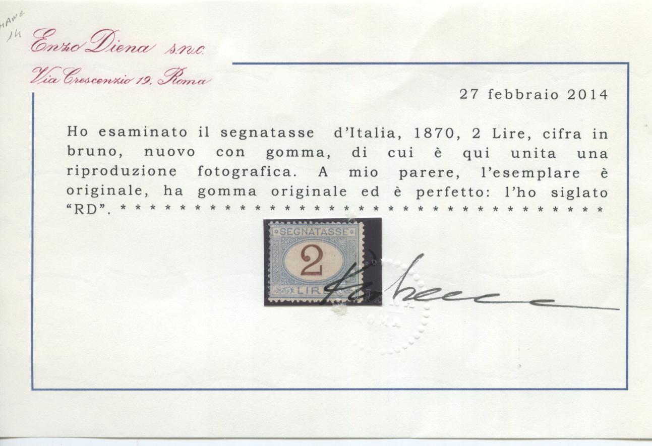 Scansione lotto: REGNO 1870 TASSE L.2 4 * CENTRATO CERT.