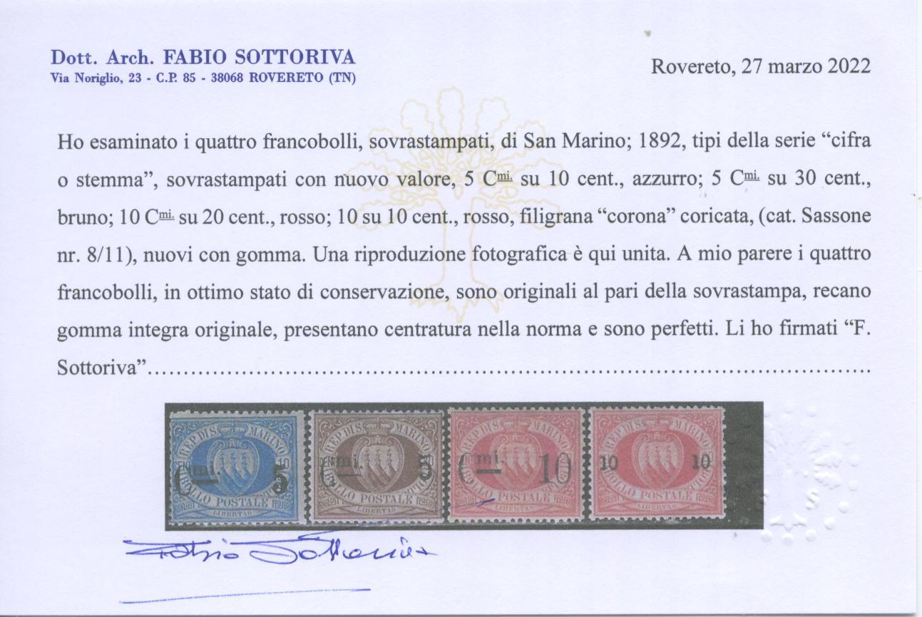 Scansione lotto: SAN MARINO 1892 SOVR. 4V. 5 ** CENTRATO CERT.