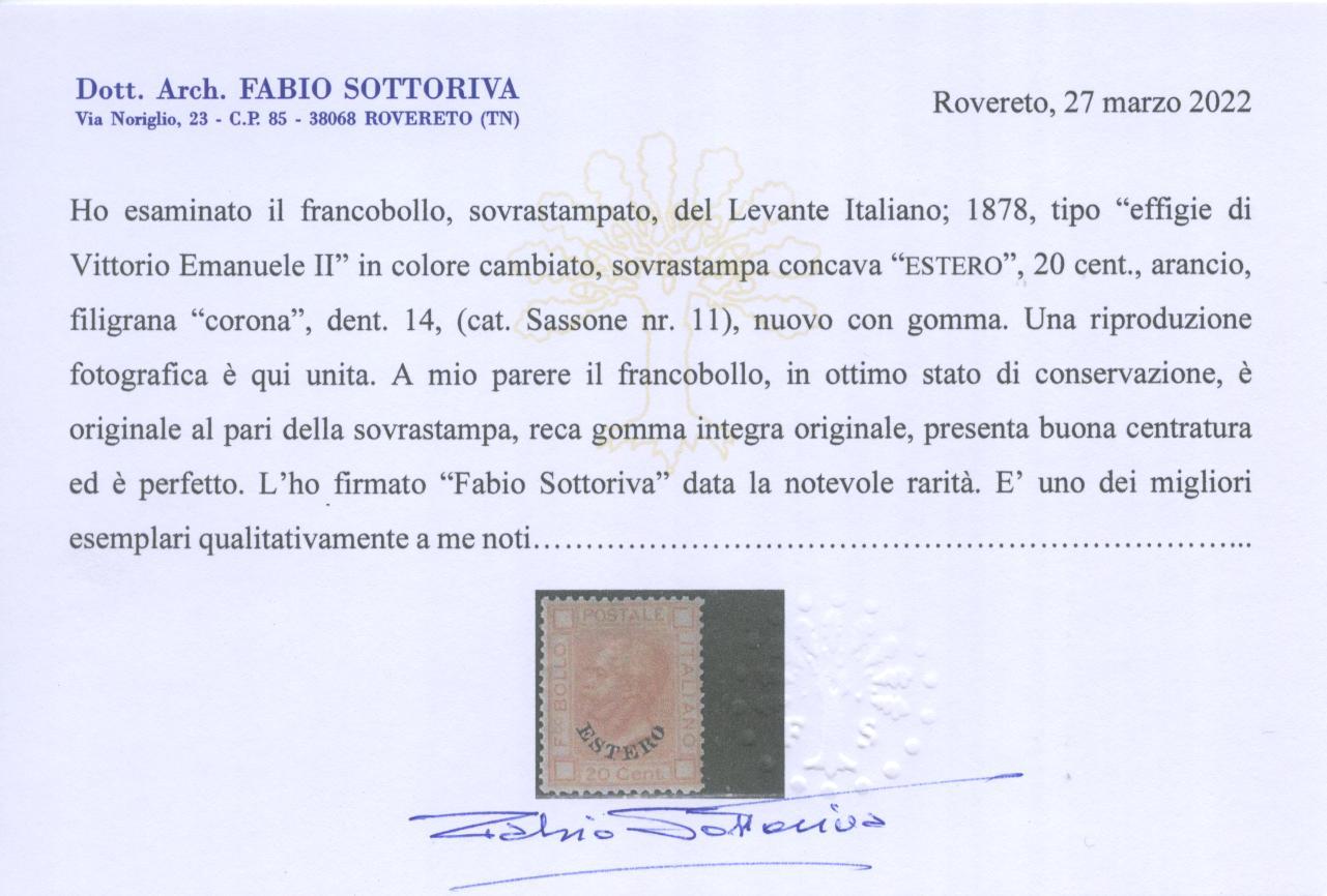 Scansione lotto: OCCUPAZIONI LEVANTE 1878 20C. ARANCIO ** CENTRATO CERT.