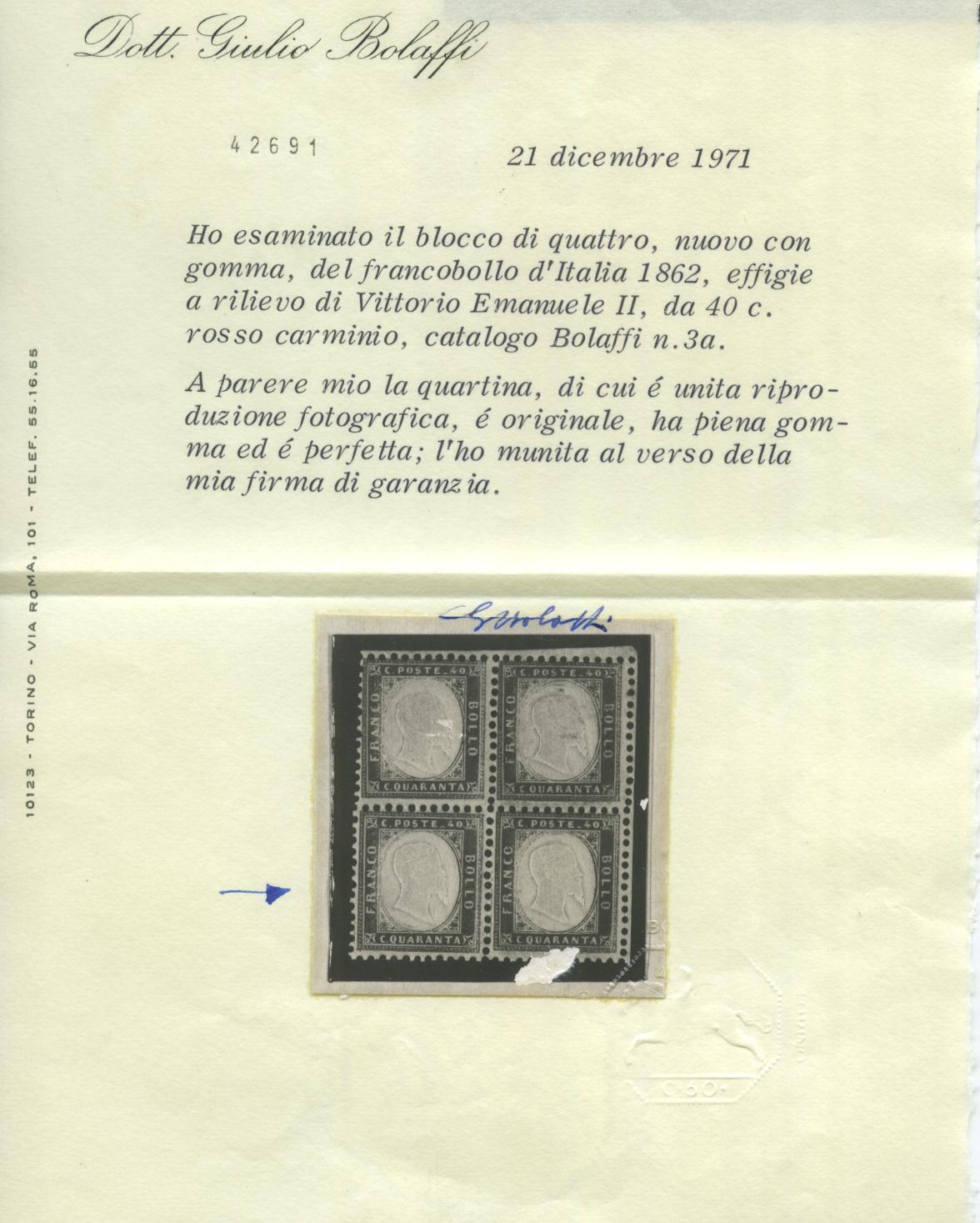 Scansione lotto: REGNO 1862 40C. ROSSO 2 ** CENTRATO CERT.