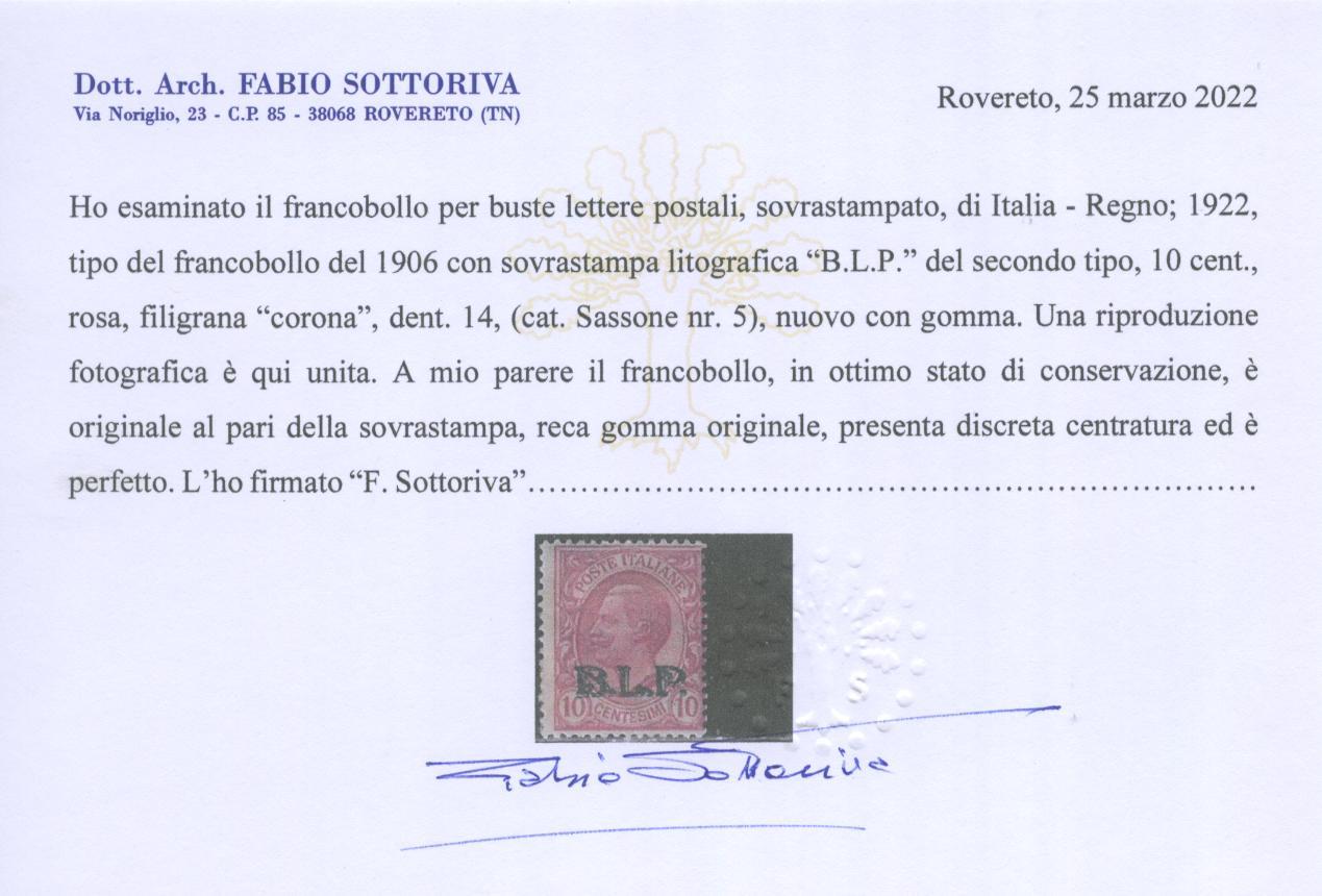 Scansione lotto: REGNO 1922 BLP 10C. II TIPO 2 *  CERT.