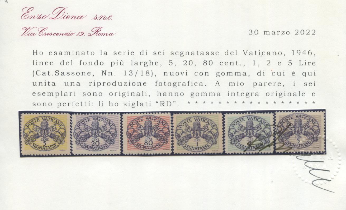 Scansione lotto: VATICANO 1946 TASSE CARTA BIANCA 6V. ** CENTRATO CERT.