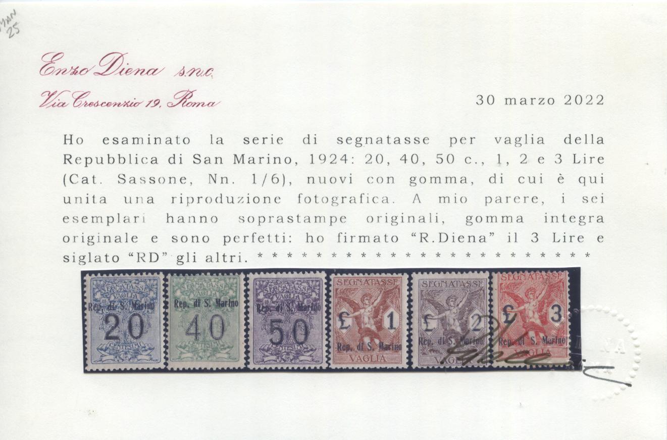 Scansione lotto: SAN MARINO 1924 TASSE VAGLIA 6V. **  CERT.