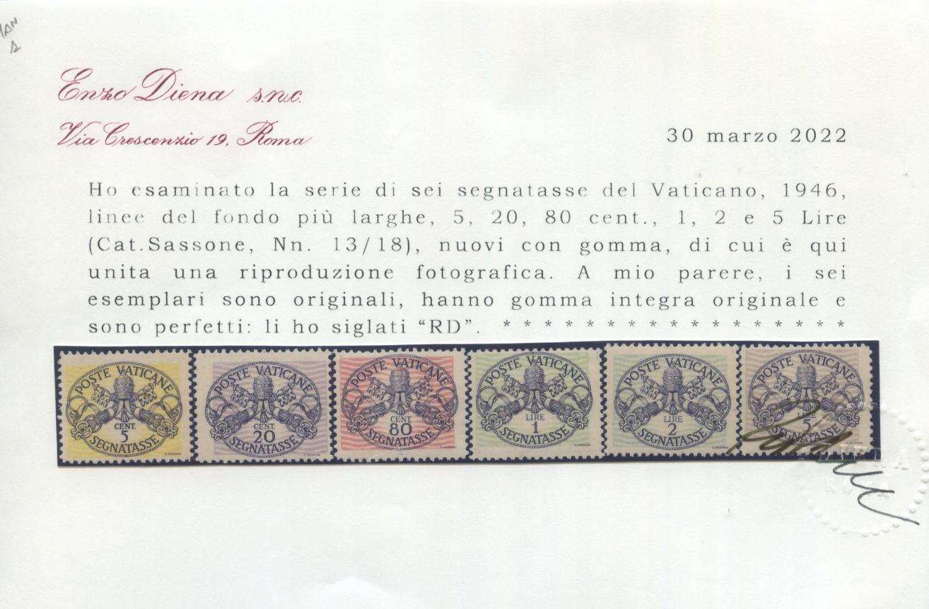 Scansione lotto: VATICANO 1946 TASSE CARTA BIANCA 6V. **  CERT.