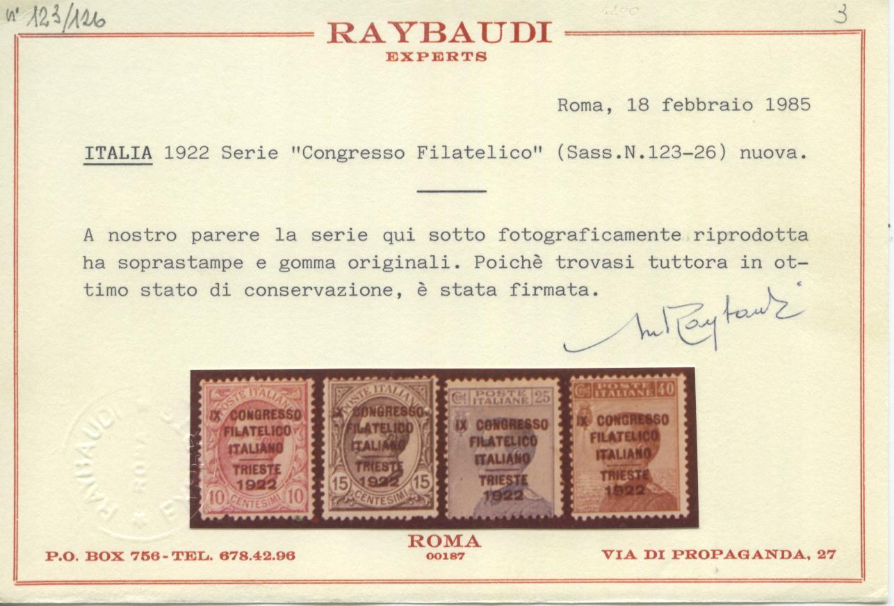 Scansione lotto: REGNO 1922 CONGRESSO FILATELICO 4V. *  CERT.