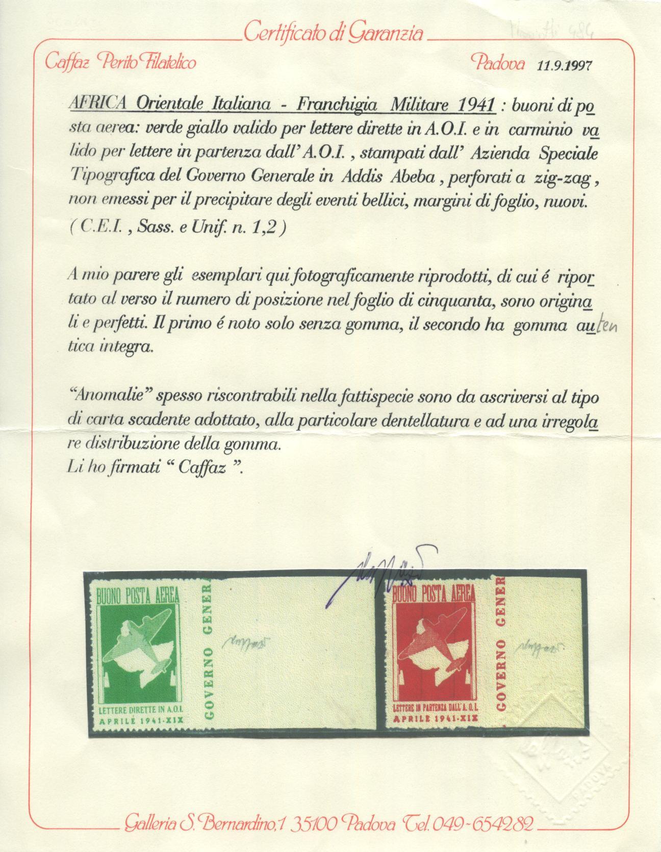 Scansione lotto: COLONIE A.O.I. 1941 FRANCHIGIA 2V. 2 ** LUSSO CERT.