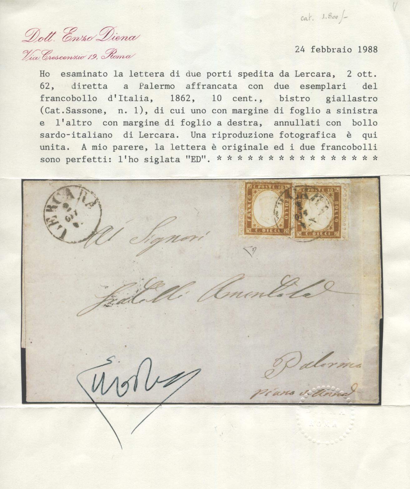 Scansione lotto: REGNO 1862 10C. COPPIA US.  CERT.