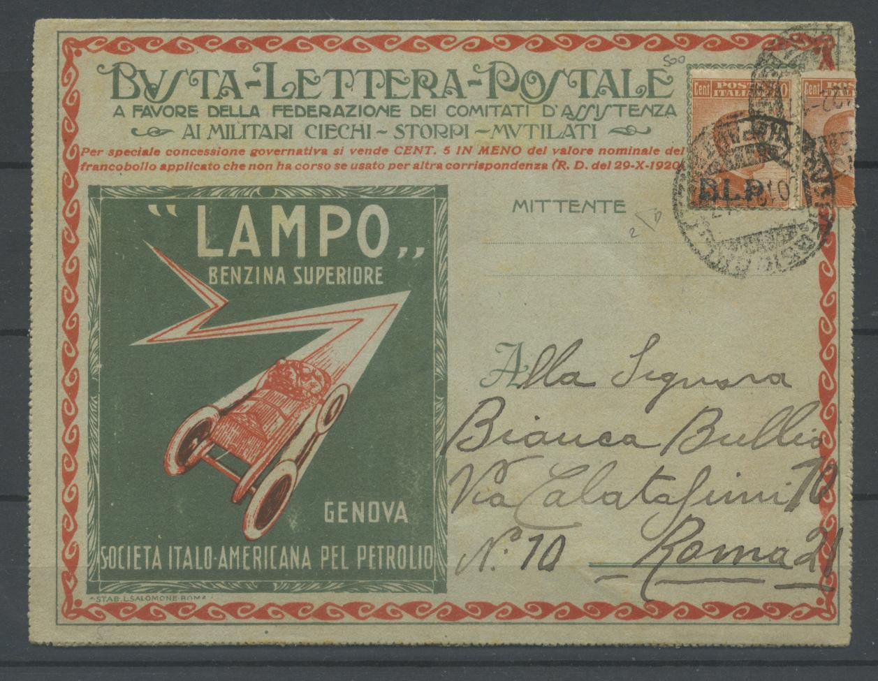 Scansione lotto: REGNO 1921 BLP 20C. I TIPO (busta) US.