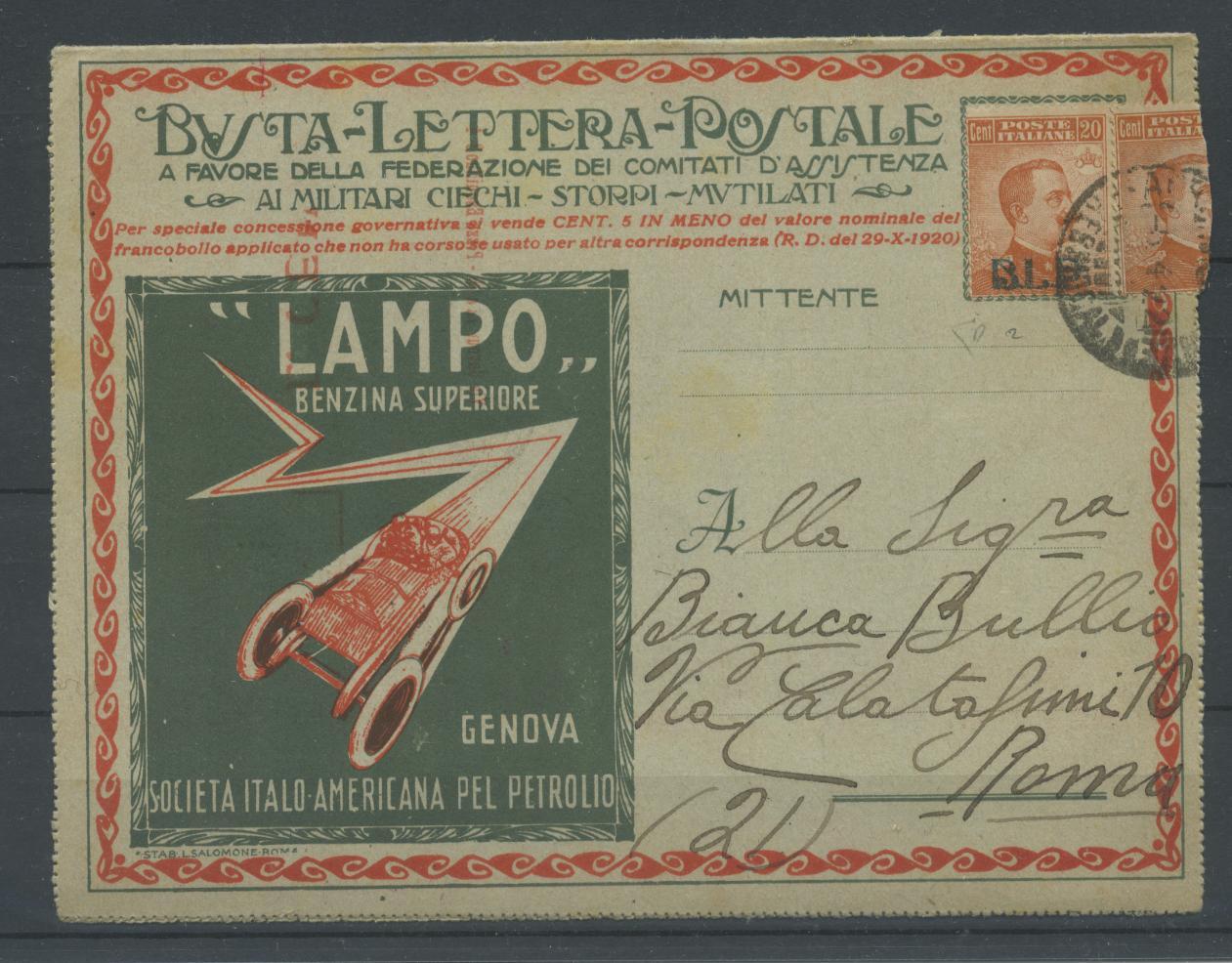 Scansione lotto: REGNO 1921 BLP 20C. I TIPO (busta) 2 US.