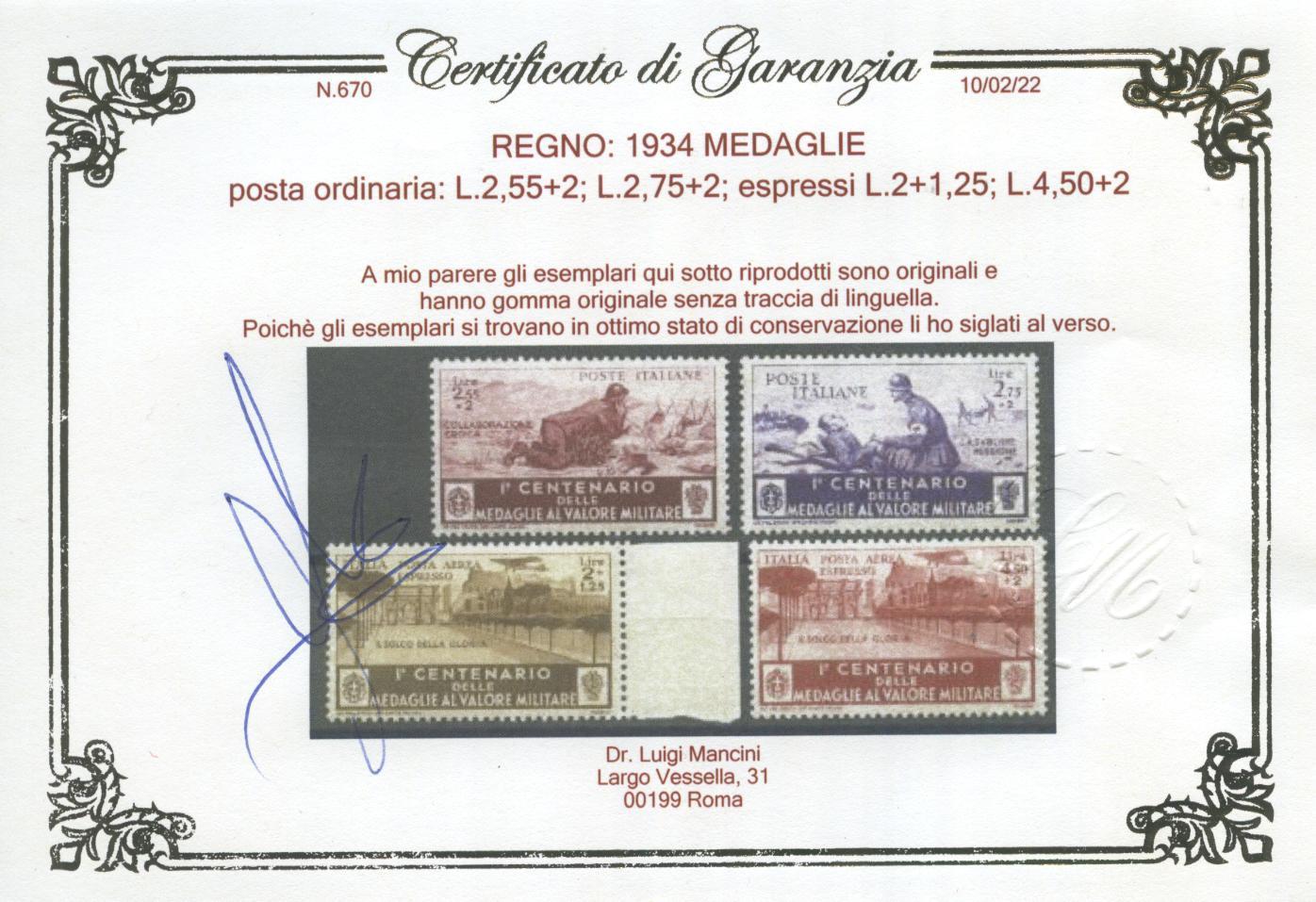 Scansione lotto: REGNO 1934 MEDAGLIE 20V. 4 ** LUSSO CERT.