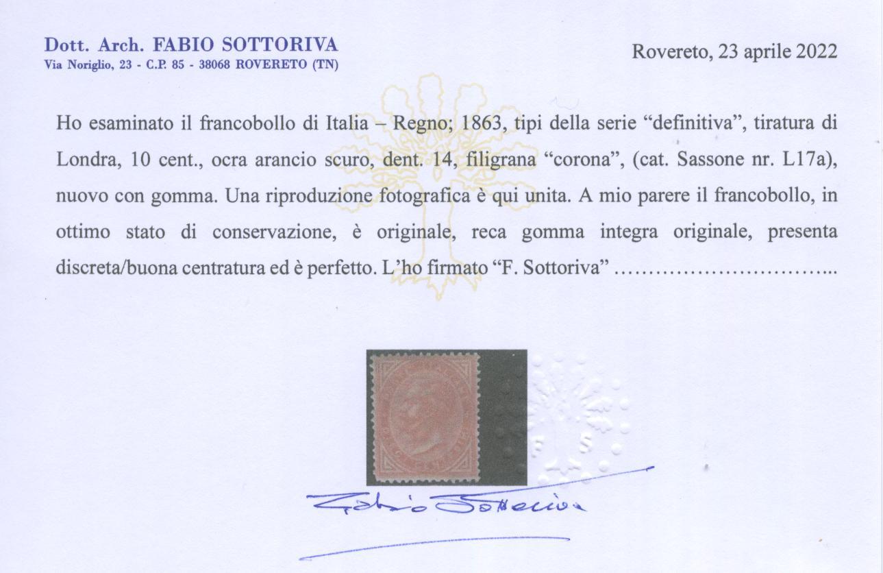 Scansione lotto: REGNO 1863 10C. LONDRA 2 ** CENTRATO CERT.