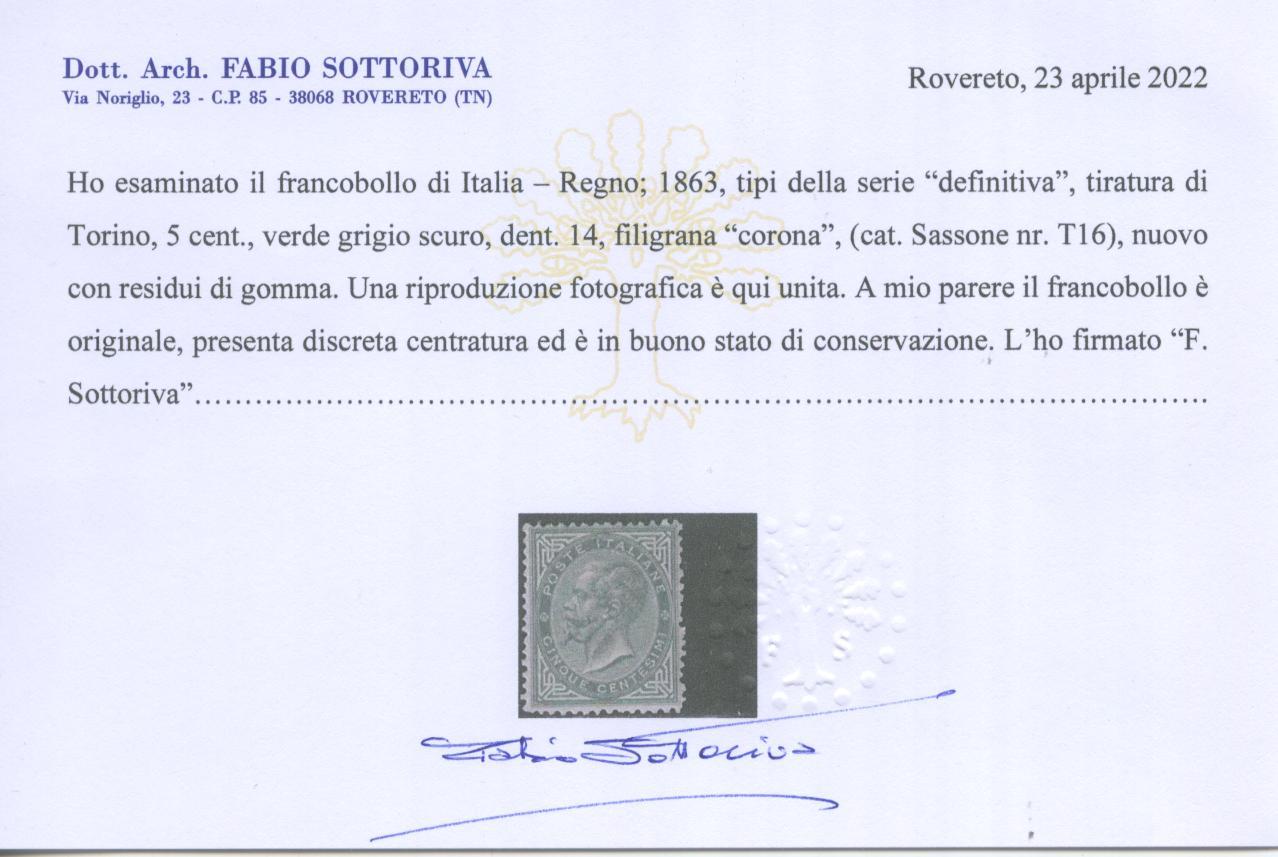 Scansione lotto: REGNO 1863 5C. TORINO *  CERT.