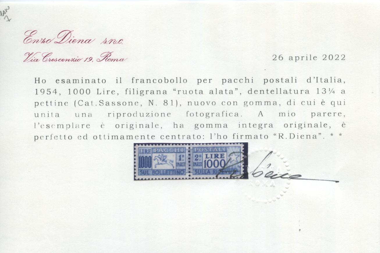 Scansione lotto: REPUBBLICA 1954 CAVALLINO 1000L. ** LUSSO CERT.