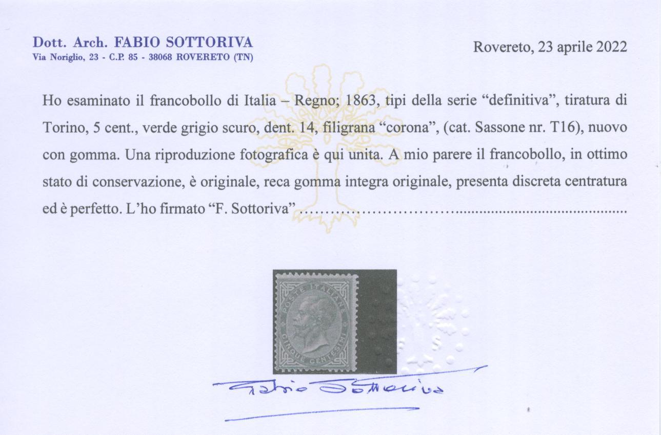 Scansione lotto: REGNO 1863 5C. TORINO 10 **  CERT.