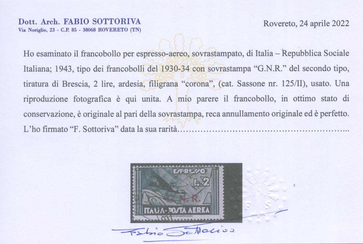 Scansione lotto: RSI E LUOGOTENENZA 1944 AEREO-ESPR. N.125/II US.  CERT.