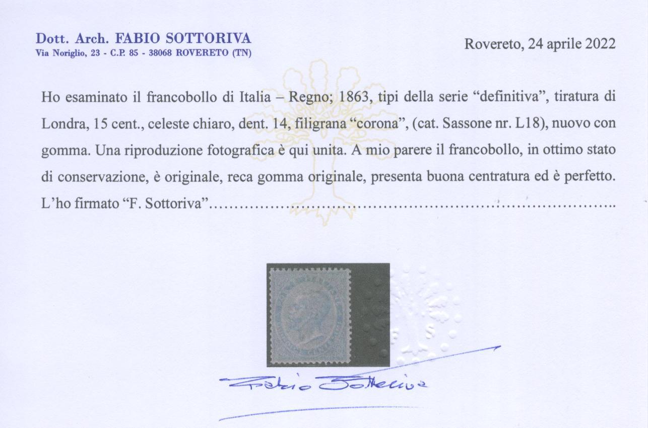 Scansione lotto: REGNO 1863 15C. CELESTE CHIARO 2 *  CERT.